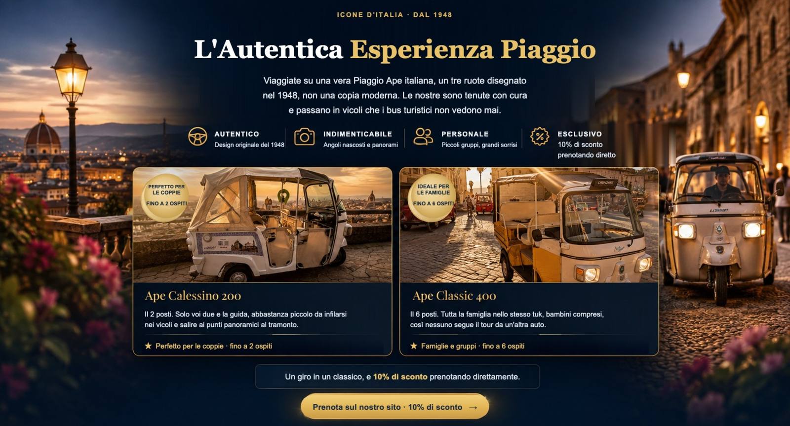 Flotta LISPORT, tuk-tuk Piaggio Ape Calessino 200 e Ape Classic 400